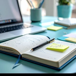 An open planner with handwritten notes, sticky notes and a pen beside a laptop